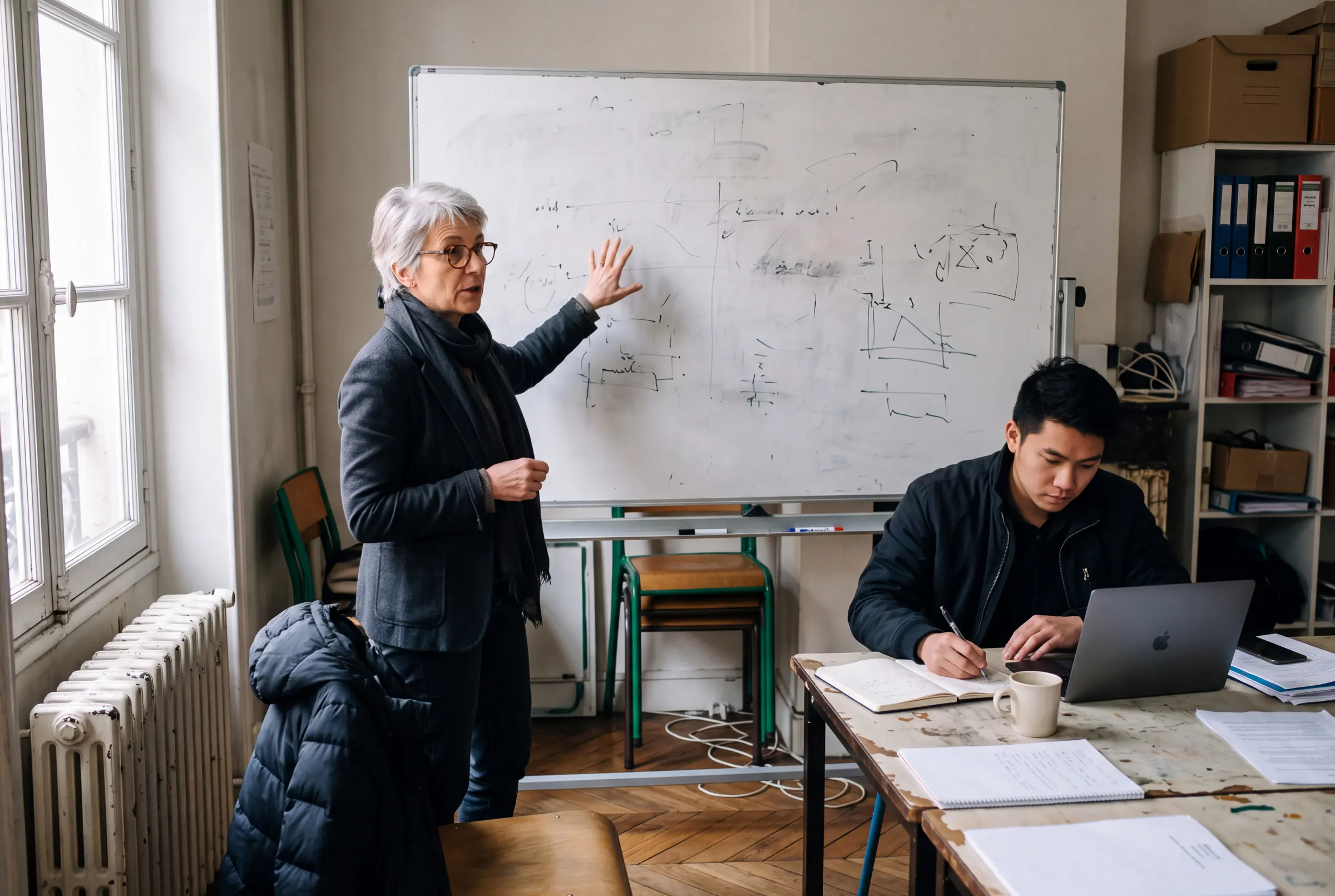 Une formatrice explique un schéma au tableau à un stagiaire qui prend des notes, dans une salle de formation lumineuse