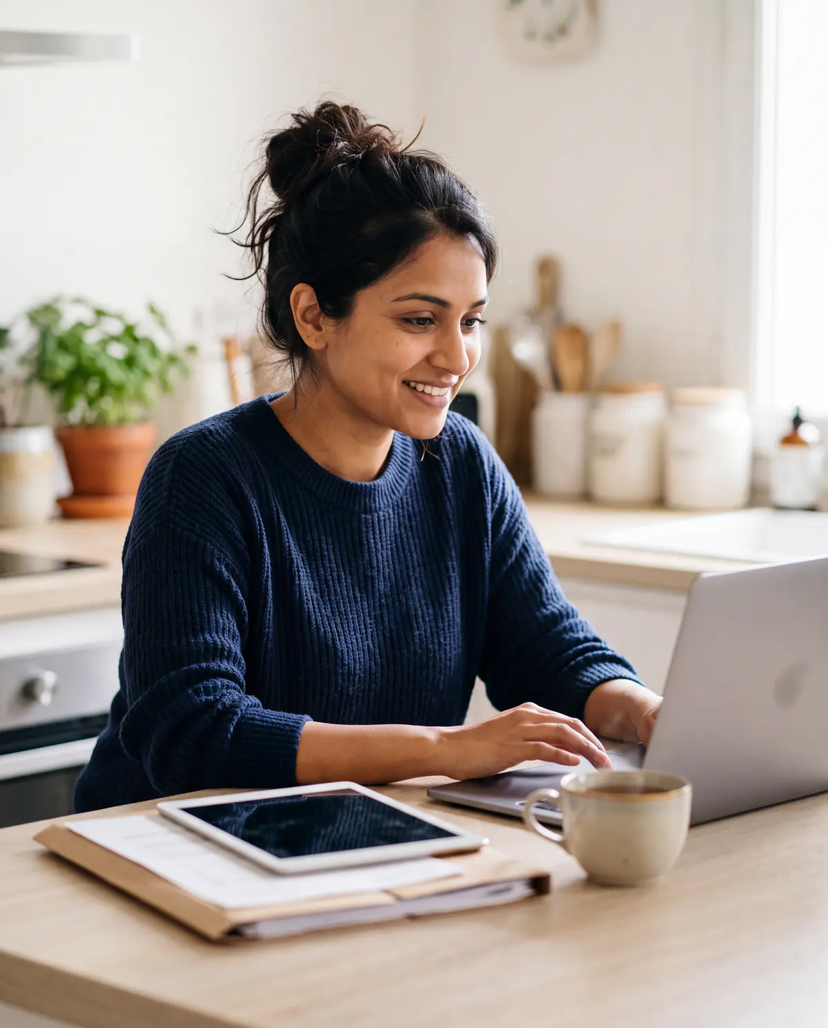 Une femme souriante consulte son dossier de financement de formation sur son ordinateur, à son comptoir de cuisine